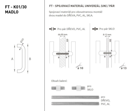 Ajtókilincs MP FT - kód K01 Ø 30 mm UN - pár (BN - Szálcsiszolt rozsdamentes acél) - Hossz: 630 mm600 mmØ 30 mm