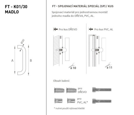 Ajtókilincs MP FT - kód K01 Ø 30 mm SP - db (BN - Szálcsiszolt rozsdamentes acél) - Hossz: 630 mm600 mmØ 30 mm