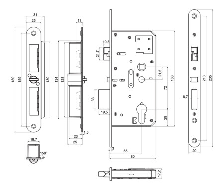 RICHTER bevésőzáras önzáró zár pánikfunkcióval "E", golyós/kilincs szerelvényekhez.Z.302-SZ.PA.KO.72/55/20.PL