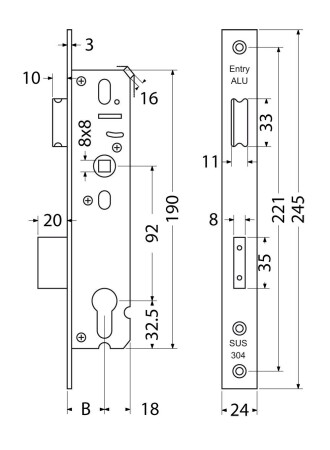 Bevésőzár alumínium ajtókhoz RICHTER EN.A01.92.45.24.N