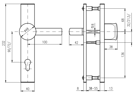 KIÁRUSÍTÁS ROSTEX 802/O BARYT biztonsági vasalat - kilincs/kilincs, tengelytávolság 92 mm, vastagság 60 mm (fekete)