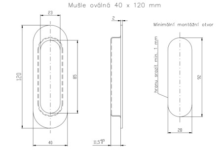 Tolóajtókhoz való ROSTEX ovális héjszerkezet 120x40 mm (MATT FEKETE)